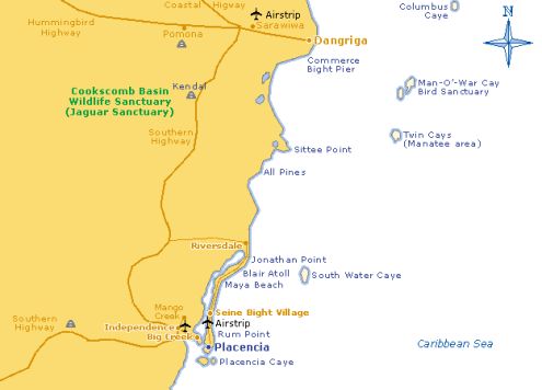 Scuba Diving Belize Placencia Information Overview Hotels Dives   Placencia Map 1 